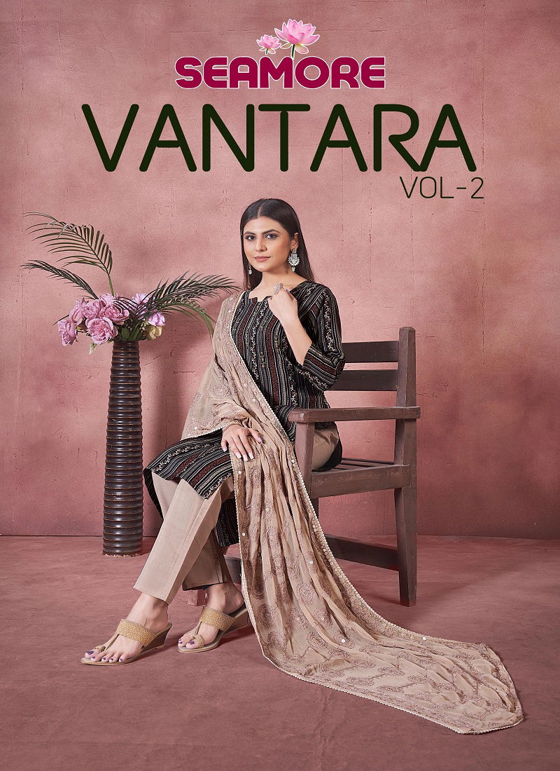 Vantara Vol 2 By Seamore Art Silk Embroidery Kurti With Bottom Dupatta Suppliers In India Catalog